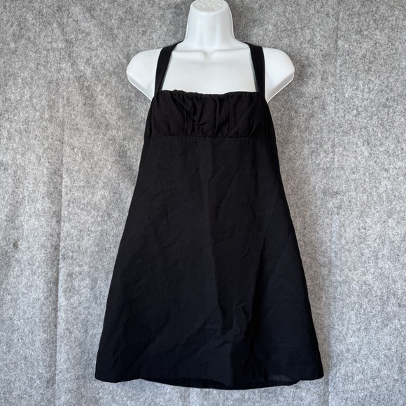 ZARA Babydoll Mini Dress Large Black Ruched Sleeveless Square Neck Whimsigoth - Picture 1 of 8